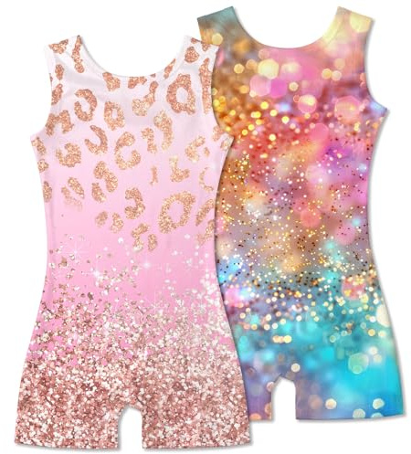 Taubow 2 Packs Gymnastics Leotards for Girls 4t 5t Pink Leopard Kids Biketard with Shorts Ballet Dance Leotard