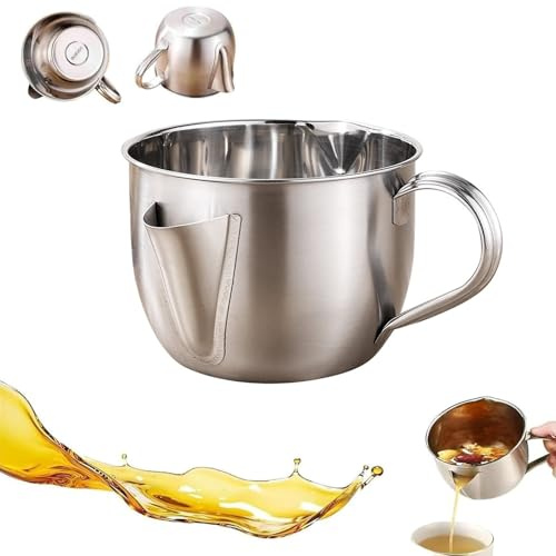 2026 New Fat Separator with Dual Spout Design, 304 Stainless Steel Grease Strainer with Smart Left/Right Spouts & Cool-Touch Handle for Broth, Soup & Stew