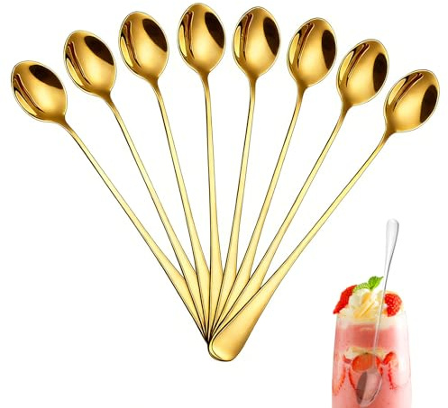 8 stycken latte macchiato-skedar – 20 cm rostfritt stål glasskedar långa och långa skedar för kaffe, dessert, glassbägare och milkshake, diskmaskinssäker (guld)