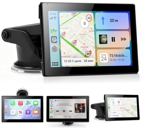 ZaejjaeY 7 Zoll CarPlay Display Tragbar für Auto, Kabelloses Apple CarPlay & Android Auto, Drehbarer IPS Touchscreen 1024×600, Bluetooth, AUX & FM