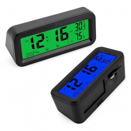 Reloj coche solar azul verde Type C con fecha temperatura humedad | Con panel solar puerto Type C pila CR2032 de respaldo y base adhesiva la luz responde a vibraciones en la oscuridad