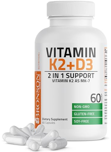 Bronson Vitamin K2 D3 (MK7) Supplement Non-GMO Formula Vitamin D3 5000IU (125 mcg) & 90 mcg K2 MK-7, Easy to Swallow D & K Complex, 60 Capsules