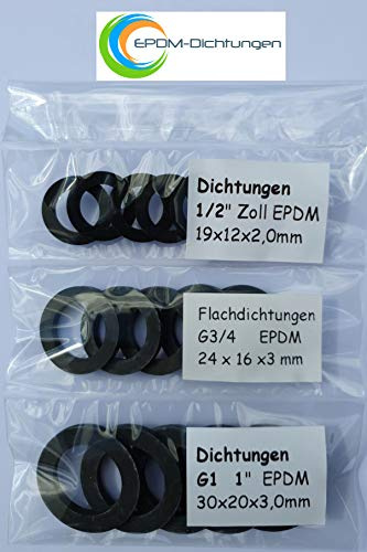 30 Gummidichtungen (Set) Wasserhahn Hahnverbinder 1/2 Zoll, 3/4 Zoll (G3/4), 1 Zoll (G1) aus EPDM für Garten, Sanitär, Bad, Küche, Handwerk (10 Stück je Größe)