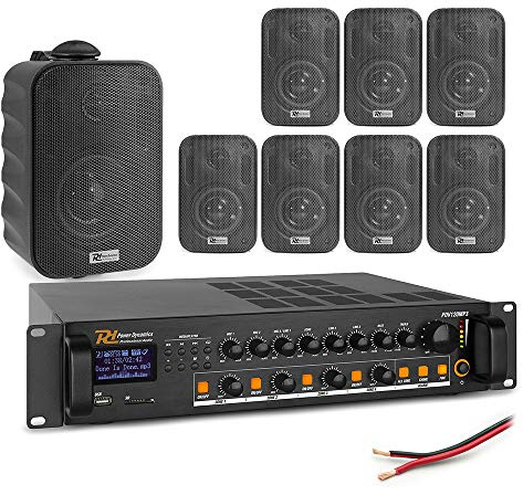 4-Zone Wall Speaker System with Bluetooth Amplifier - 8x Weatherproof 3 Black Speakers, Commercial PA Mixer Amp & Audio Cable - Restaurant, Pub, Indoor & Outdoor Audio Installation Kit