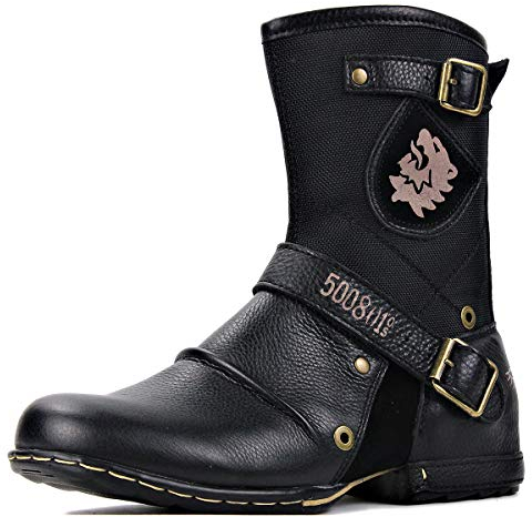 Herr Stövlar Chukka Motorcykel Boots för Män Vandring Combat Ankel Biker Dragkedja Mode Känga Svart Brun OS-5008-1-H-Black-9.5