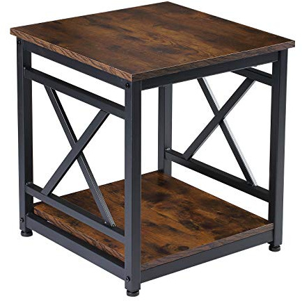 KSWIN Industrial End Table, 18 Square Side Table with 2-Tier Storage Shelf, X-Design Metal Frame, Rustic Brown Nightstand Bedside Table for Living Room, Bedroom