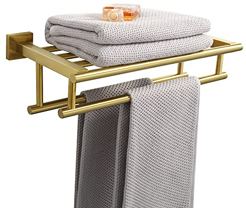 SAYAYO Porte Serviette Mural Salle de Bain avec Étagère, 40CM Doré | Double Barre Support Serviette Murale Robuste en 304 Acier Inoxydable pour Salle de Bain Cuisine Toilette