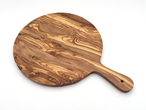 medina mood Servierbrett mit Griff Ø 32 cm Länge 44 cm Pizzateller Pizzabrett Handgemacht aus Olivenholz Hochwertig