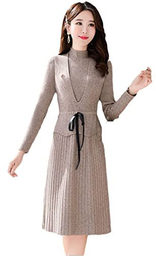 Elegantes Strickset für Damen, langärmelig, Kleid + Pullover, Weste, 2 Stück, Ka Qi, Groß