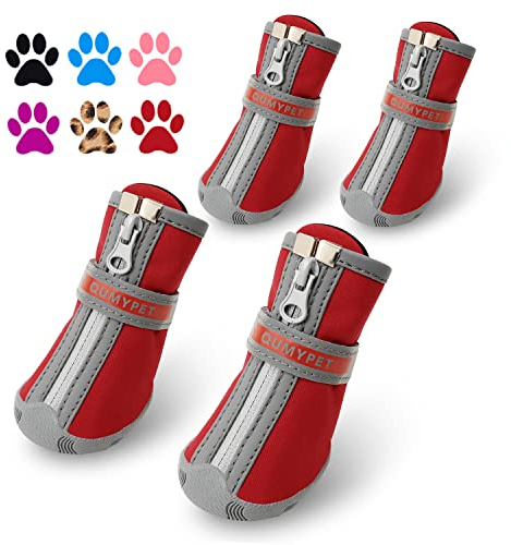 QUMY Kleine Hundestiefel Wasserabweisend Winterschneeschuhe für Welpen Hund mit reflektierenden Streifen Weiche Bequeme Anti-Rutsch-Gummisohle Rot 4 Stück/Set ..