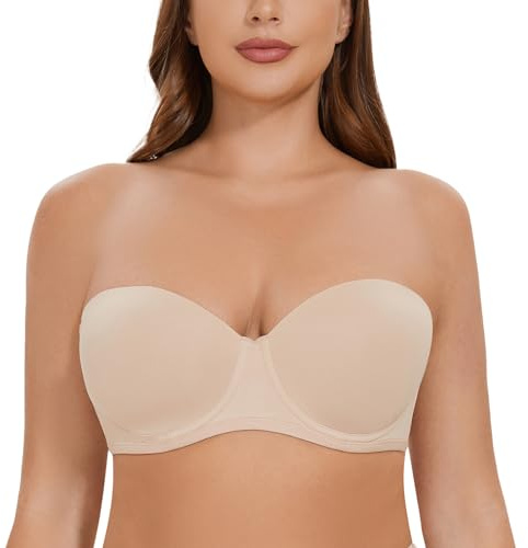 CASOLACE Kvinnors Räta Extra Storlek Utan Foder med Hoop Bandeau Axelbandslös BH, Beige, 105G