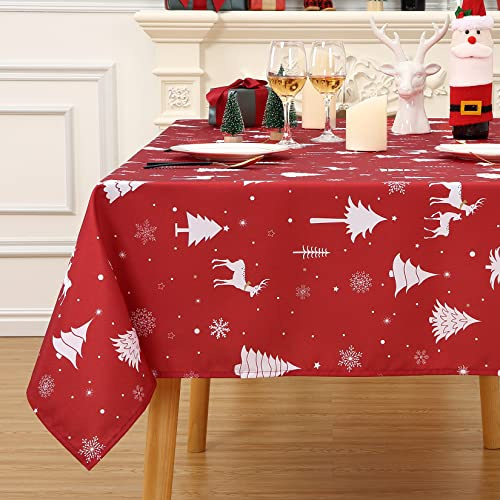 JOLLYTOP Tischdecke Rot Weihnachten Tisch Dekoration Wasserabweiseind Tischdecke mit Hirsh Druck Tischtuch Abwaschbar Tafeldecke für Küche,137x137cm
