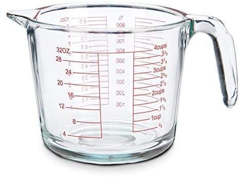 TIENDA EURASIA - Jarra Medidora de Cristal Con 4 Escalas Distintas, Calibrada en ml, dl, Oz, Cups, de Vidrio Para Recetas, Transparente Con Asa (1000 ml)
