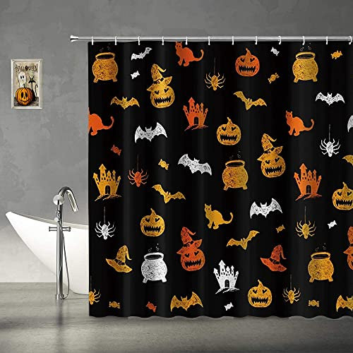 Abaysto Rideau de douche Happy Halloween pour salle de bain – Lanternes mignonnes, chauve-souris et araignée en tissu imperméable avec crochets – Noir