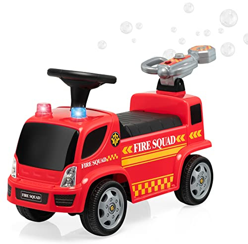 DREAMADE Camion de Pompier Porteur Enfants avec Machine à Bulles, Voiture à Pousser Trotteur avec Lumières et Effets Sonores Musicaux, Jouets d'exercice de 18 à 36 Mois(Rouge-Style 1)