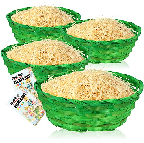 com-four® set regalo e decorazioni pasquali - cestini di rafia verde, erba pasquale chiara, colori per uova e libro da colorare - cestini pasquali fai da te (Impostare 5 - verde)