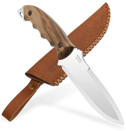 BPSKNIVES HK2 CSH - Cuchillo de campamento de acero al carbono hecho a mano con hoja fija y mango completo - Cuchillo de caza y bushcraft escandinavo para exteriores con funda de cuero.