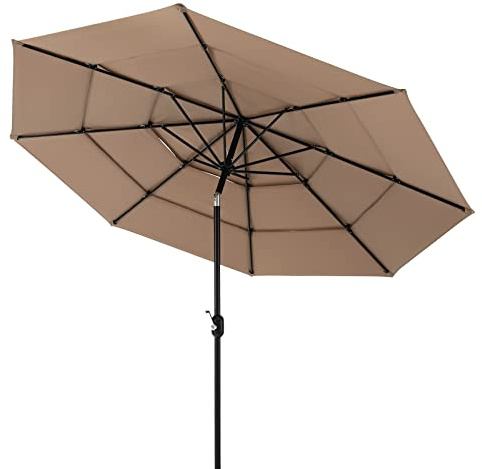 GOPLUS Grand Parasol de Jardin Exterieur à 3 Niveaux, 3m Parasol Balcon Inclinable 45° avec Manivelle, 8 Baleines Toit Ventilé, Protection Solaire, pour Terrasse Patio Piscine (Brun)