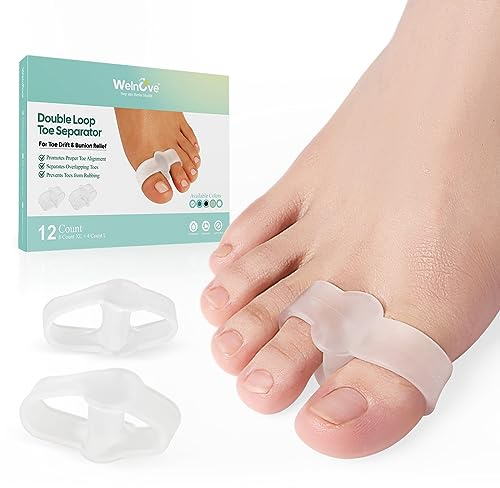 Welnove Pack of 12 Bunion Corrector, Toe Separators with 2 Loops, Big Toe Space Suitable for Bunion and Overlap Toe (Multi Sizes)
