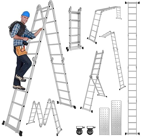 Joparri 4 x 5 steg multifunktionsstege, 5,82 m multifunktionsstege aluminium med 2 byggnadsställningsplattor och 2 hjul, hushållsstege fällbar stege arbetsstege 20 steg, maximal belastning 150 kg