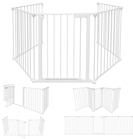 Ikodm Barrera de Seguridad 310 cm para Niños y Mascotas | Reja de Protección de Metal | Rejilla Protectora Metálica Plegable con Puerta | 5 Paneles 65 x 75 cm, Blanco