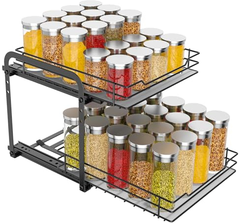 MAYZOLOP 2-Tier Pull Out Spice Rack With Adjustable Height for Inside Cupboard, Metal Kitchen Organiser, Storage Rack, 9.1in W x 10.4in L x 9in H
