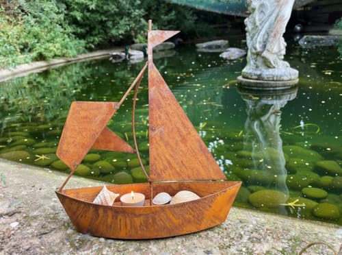 STEINFIGURENWELT GIEBEN Edelrost Schiff zum Bepflanzen 30x27cm Rost Blumentopf Segelschiff Boot Edelrost Maritime Gartendeko