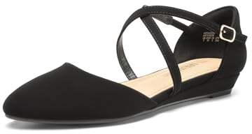 Zapatos planos de cuña baja con punta puntiaguda y tiras al tobillo para mujer, elegantes, cómodos, informales, sin cordones, para negocios, oficina y trabajo.,Size 37,Negro-Nubuck,SDFA2402W