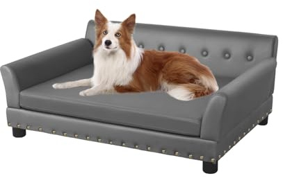 BingoPaw Sofa para Perros Grandes Extra Ancho 96x70x40cm Cama Elevada para Mascota Antipelo con Patas de Madera y Piel Sintetica Resistente Hamaca Sillon de Lujo Impermeable para perro xl con Remaches