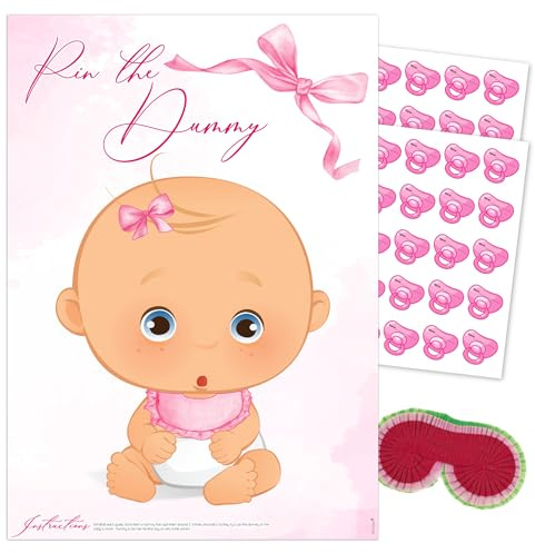 Pin the Dummy Baby Shower Game, Pink Bow Theme for Girls, Includes A2 Poster, Blindfold and Stickers (40)