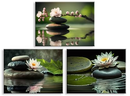 Piy Painting Impression sur toile florale, Fleurs de Pêcher et Nénuphars, Tableau Décorations Murales Moderne, Peinture sur toile pour Chambre Cuisine Bar 30x40cm 3 pièces, Cadre en bois intégré