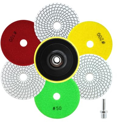 QUEFORET Dischi Diamantati per Lucidatura 8 Pezzi - 6 Pezzi 100mm Tamponi Lucidatura (Grana 50 x 2, 100 x 2, 200 x 2), Platorello a Strappo, Adattatore per Granito Marmo Quarzo Pietra a Umido