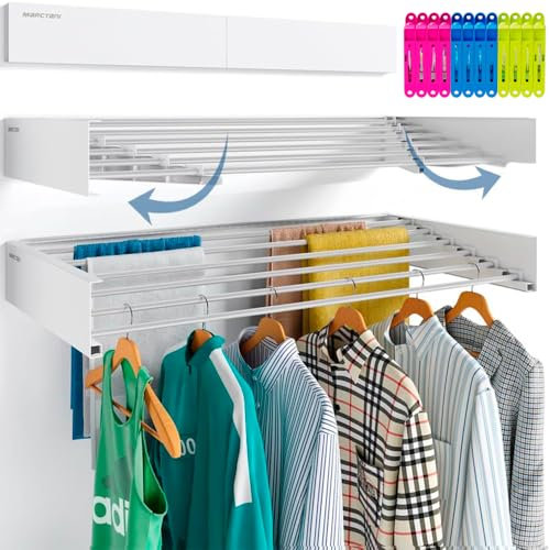 Marctani Tendedero Extensible Pared Ahorra Espacio - Tendederos Plegables ANTIOXIDANTES Interior o Exterior - Tendal Plegable Resistente 24 Pinzas - Tenderete de Ropa (Blanco, 100 CM)