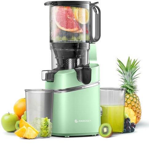AMZCHEF Extractor de jugo automático con manos libres, apertura de 135 mm y capacidad de 1,8 L, extractor de zumo de frutas y verduras enteras, extractor de jugo lento de 250 W con triple filtro-Verde