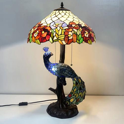 BOTOWI Pfau & Rose Tiffany Stil Buntglas Tischlampe, Vintage handgemachte dekorative Schreibtischlampe Zugschnur Schalter Leselampe für Wohnzimmer Hochzeitszimmer Büro Villa,Rot