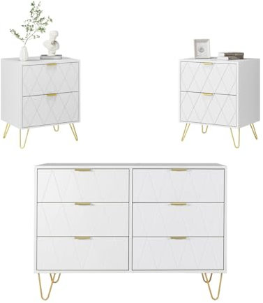 UEV Set di 3 Mobili per Camera da Letto Bianchi, Cassettiera con 6 Cassetti e Set di 2 Comodini, Motivo a Linee, Maniglie e Piedini Oro, Scandinavo per Soggiorno, Camera da Letto