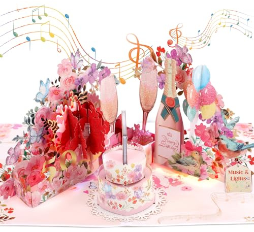 Geburtstagskarte zum 50. Geburtstag für Frauen, Geburtstagskarte 50 Jahre mit Musik & Licht, 3D Champagner Pop-Up Singende Karte zum 50. Geburtstag für 50-jährige Frauen, Mutter, Ehefrau, Damen