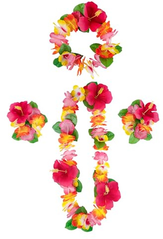 duoyif Hawaiiketten Hawaii Blumen Kette Blumenketten Hawaiian Kette Haarband Armbänder Grasrock Party Kostüm Zubehör Blumenkette Für Cheerleading Geburtstags Karnevals Strandpartys (Rosen rot Q)