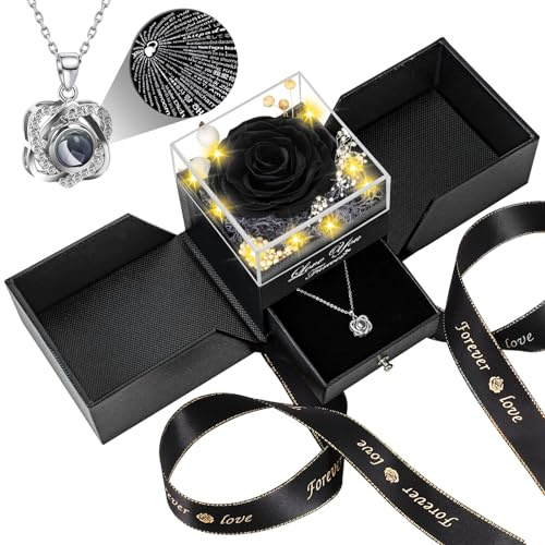 Lebana Preserved Real Black Rose Birthday Gifts for Women Wife Her Mum Girlfriend Girl Grandma with I Love You Heart Necklace Eternal Rose Flowers on Anniversary Valentine's Day Mothers Day Christmas