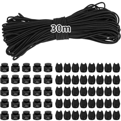 30M Bungee Nylon Dehnbare Schnur mit, Gummiseil für Anhängerplane, Gummi-Schnürsenkel, Elastische Gummischnur, Elastische Dehnbare Schnur Mit für Kordelzug, Rucksack, Schnürsenkel Federschnalle