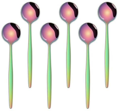 uego de cucharas de café y té de 5.1 pulgadas, 6 cucharas de espresso de acero inoxidable arcoíris, bonitas cucharas pequeñas para café de postre