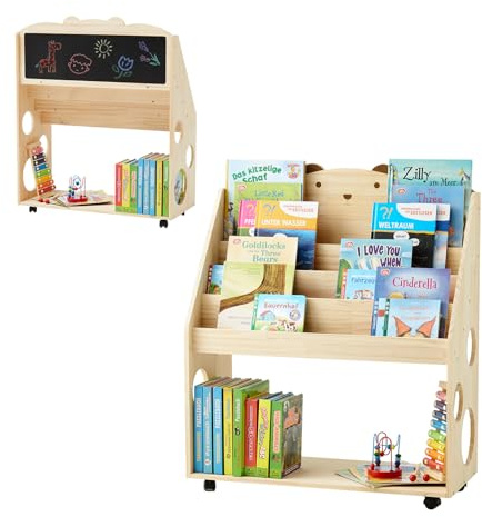DENMOSTY Montessori barnbokhylla med hjul och tavla, 5-våningshylla, barnbokhylla, barnrum, böcker, barnhylla av trä, leksakshylla, förvaringshylla natur