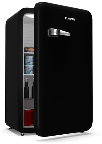 Klarstein Audrey Evo Retro Fridge, 112L Capacity, Compact Fridge Without Freezer, Quiet 40 dB, Reversible Door, Adjustable Feet, 0-10°C Thermostat, Black