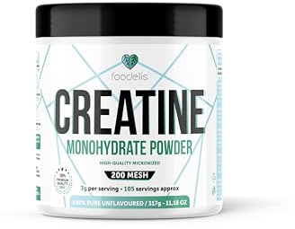 Foodelis Creatina Monoidrato Micronizzata in Polvere 317 g – Senza Sapore – 100% Creatina Pura – Senza Additivi – Facile da Miscelare – Misurino Incluso