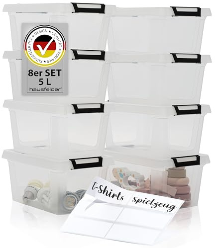 Hausfelder Aufbewahrungsboxen 8er Set, 5 l, mit Deckel, transparent | Kunststoffboxen mit Deckel für Küche, Keller und Haushalt, stapelbar, transparent, als Ordnungsbox