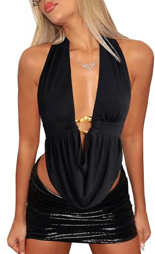 TZLDN Women Halter Neck Top Festival Going Out Tops Backless Deep V Cowl Neck Top Y2K Rave Sexy Party Summer Outfit Black S