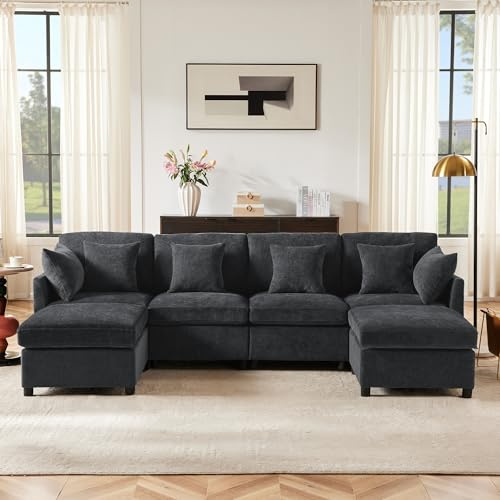 VICONELISE Modernes Sofa aus Chenille-Stoff mit abnehmbarem Fußhocker, Viersitzer-Sofa, L-förmiges Ecksofa, U-förmiges modulares Sofa, geeignet für Zuhause, Wohnzimmer, Wohnung
