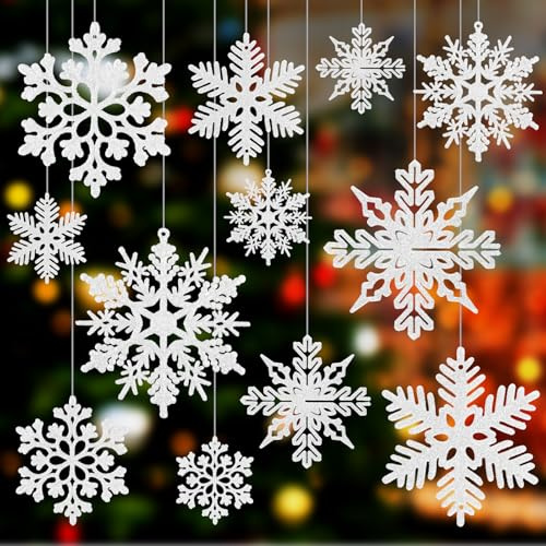 Chlorine 52 adornos de copos de nieve blancos con purpurina, copos de nieve, decoración para árbol de Navidad, accesorios de puerta de ventana, decoración de fiesta de Año Nuevo