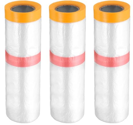 sourcing map 3 rollos de película de enmascaramiento presellada, 270 cm x 32,2 m, cinta adhesiva doble y pintores de cortinas, película de tela de plástico con cinta de plástico para cubrir pintura