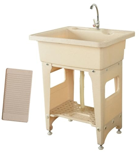 Fregadero Multiusos de Pie, Pila Lavadero de Plástico con Tabla de Lavar, Lavadero Pila Exterior con Mangueras y Kit de Desagüe, para Lavandería, Garaje(53x39x80cm)
